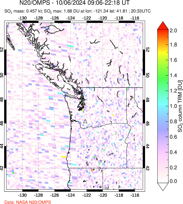 A sulfur dioxide image over Cascade Range, USA on Oct 06, 2024.