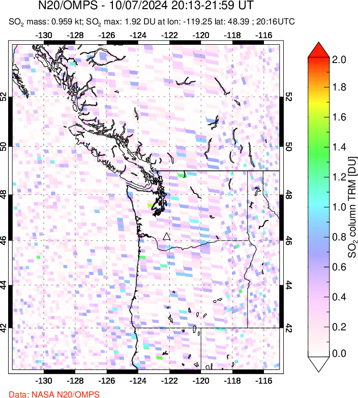 A sulfur dioxide image over Cascade Range, USA on Oct 07, 2024.