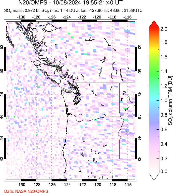 A sulfur dioxide image over Cascade Range, USA on Oct 08, 2024.