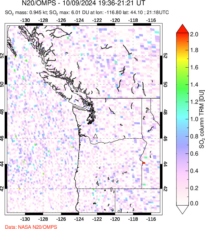 A sulfur dioxide image over Cascade Range, USA on Oct 09, 2024.