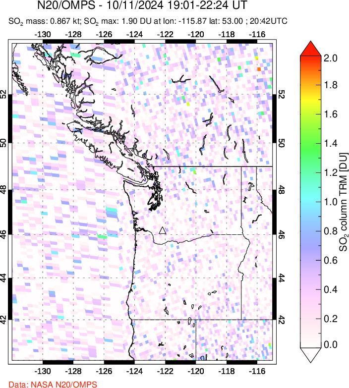 A sulfur dioxide image over Cascade Range, USA on Oct 11, 2024.