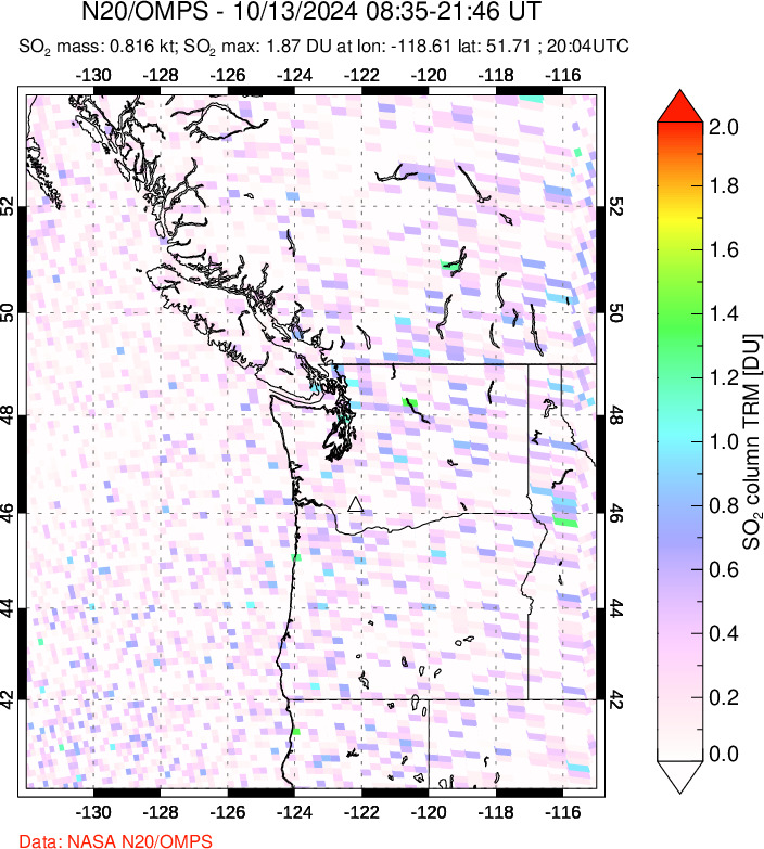 A sulfur dioxide image over Cascade Range, USA on Oct 13, 2024.