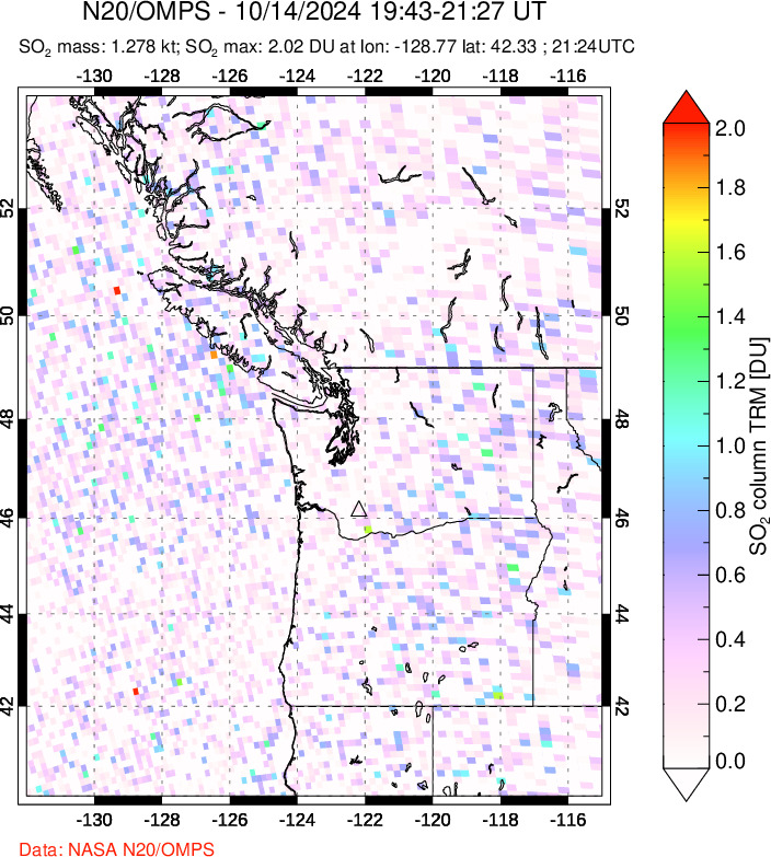 A sulfur dioxide image over Cascade Range, USA on Oct 14, 2024.