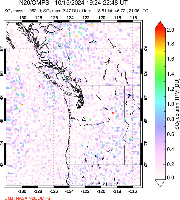 A sulfur dioxide image over Cascade Range, USA on Oct 15, 2024.