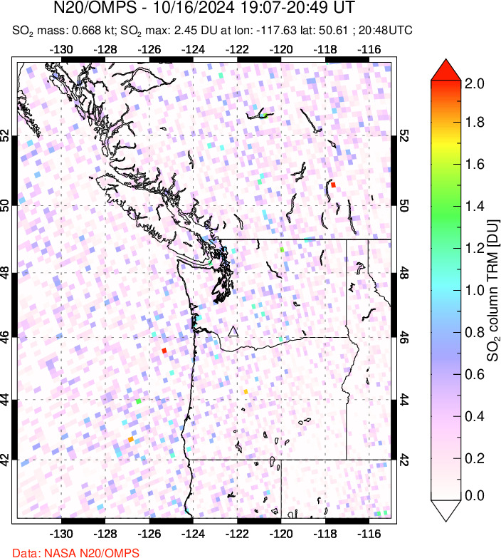 A sulfur dioxide image over Cascade Range, USA on Oct 16, 2024.