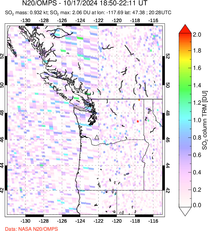 A sulfur dioxide image over Cascade Range, USA on Oct 17, 2024.