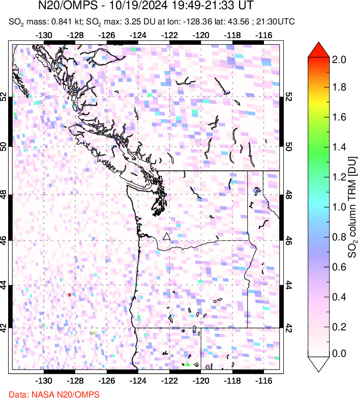 A sulfur dioxide image over Cascade Range, USA on Oct 19, 2024.