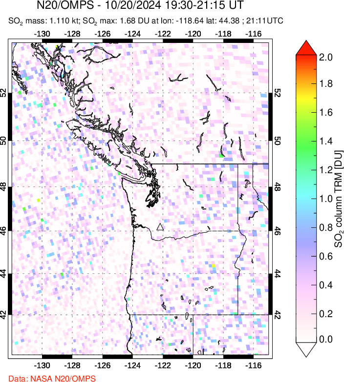 A sulfur dioxide image over Cascade Range, USA on Oct 20, 2024.