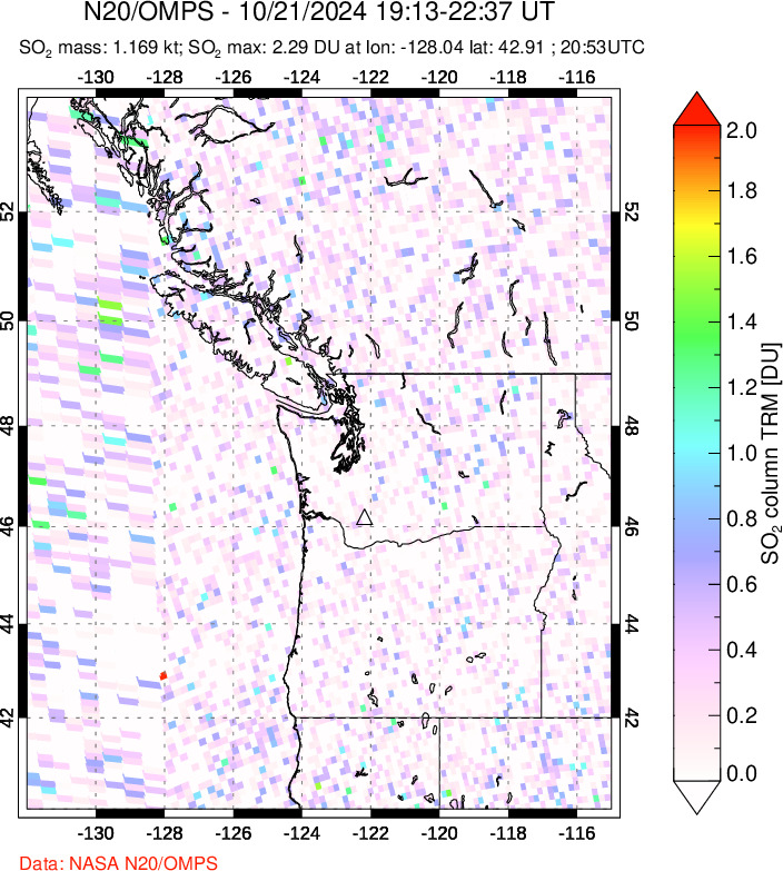 A sulfur dioxide image over Cascade Range, USA on Oct 21, 2024.