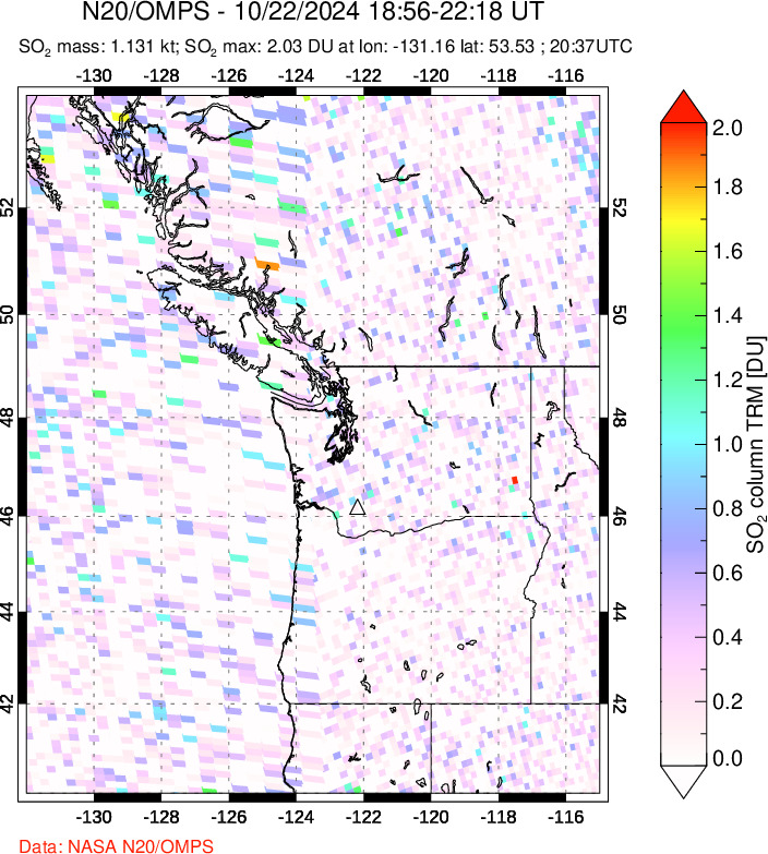 A sulfur dioxide image over Cascade Range, USA on Oct 22, 2024.