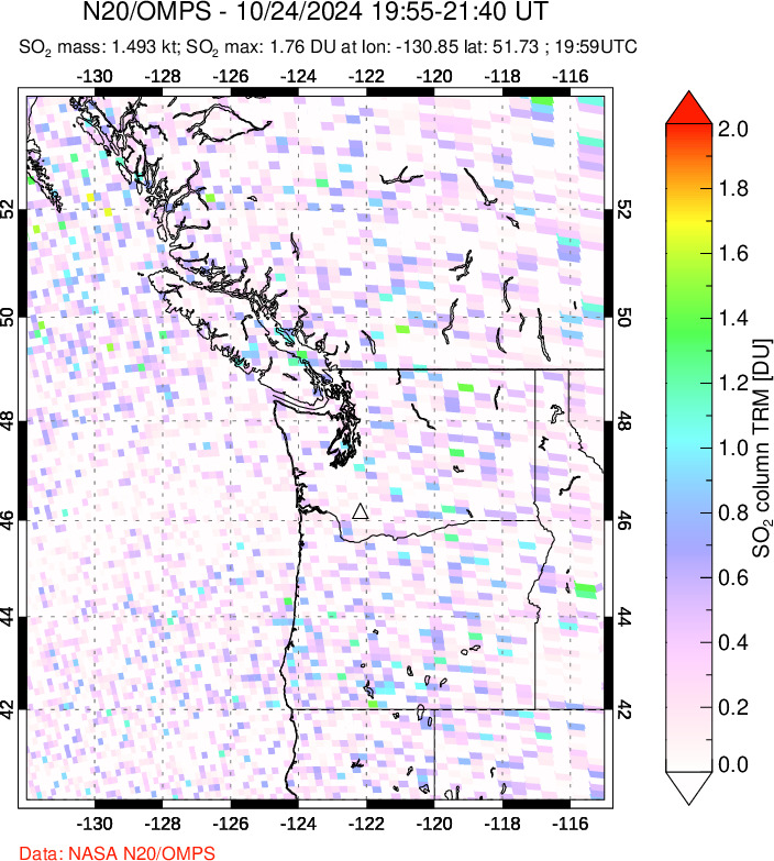 A sulfur dioxide image over Cascade Range, USA on Oct 24, 2024.