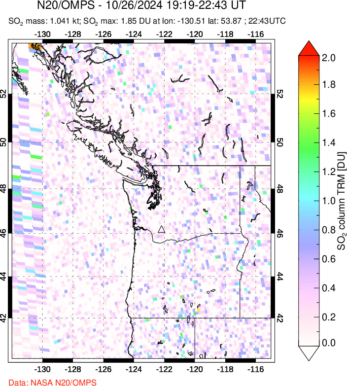 A sulfur dioxide image over Cascade Range, USA on Oct 26, 2024.