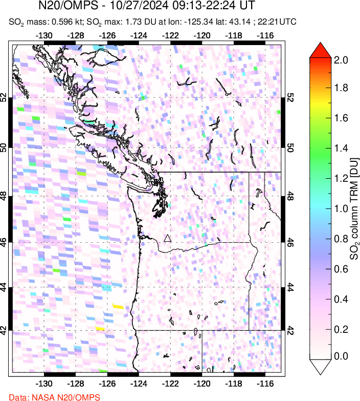 A sulfur dioxide image over Cascade Range, USA on Oct 27, 2024.