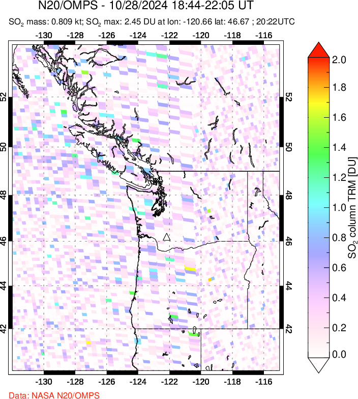 A sulfur dioxide image over Cascade Range, USA on Oct 28, 2024.