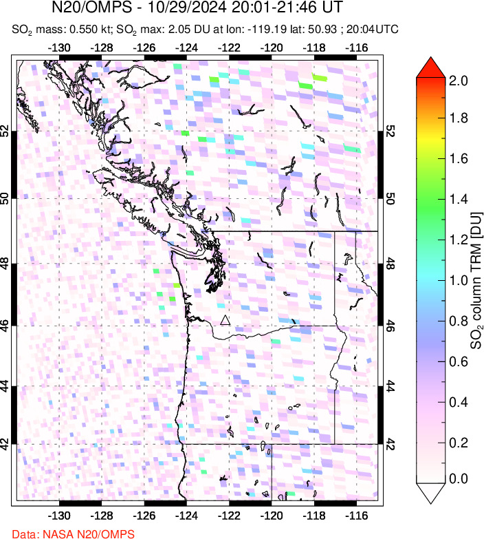 A sulfur dioxide image over Cascade Range, USA on Oct 29, 2024.