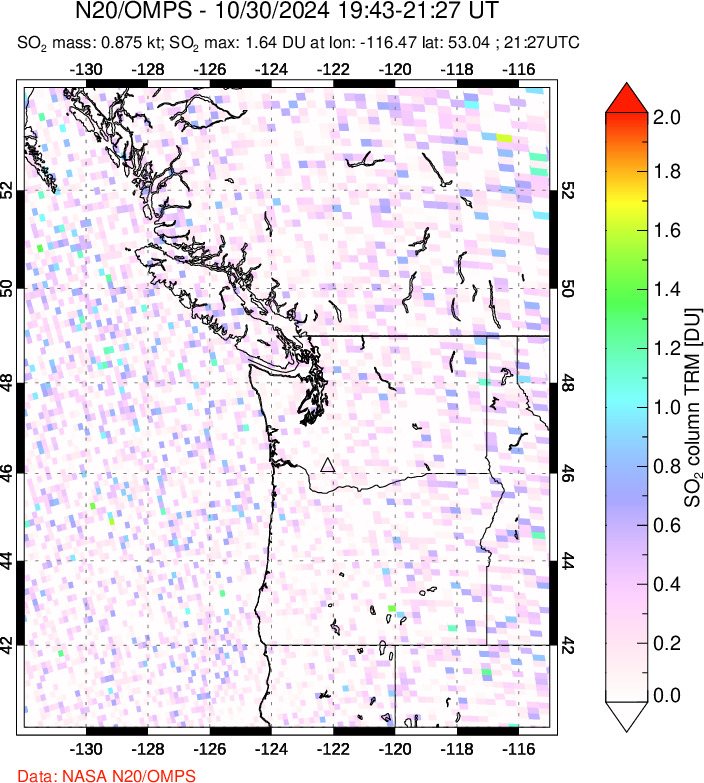 A sulfur dioxide image over Cascade Range, USA on Oct 30, 2024.