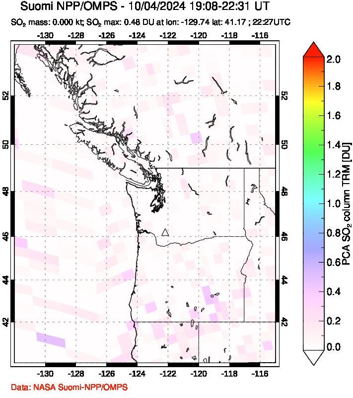 A sulfur dioxide image over Cascade Range, USA on Oct 04, 2024.