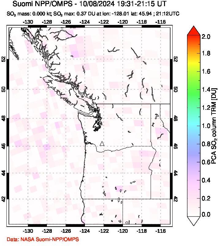 A sulfur dioxide image over Cascade Range, USA on Oct 08, 2024.