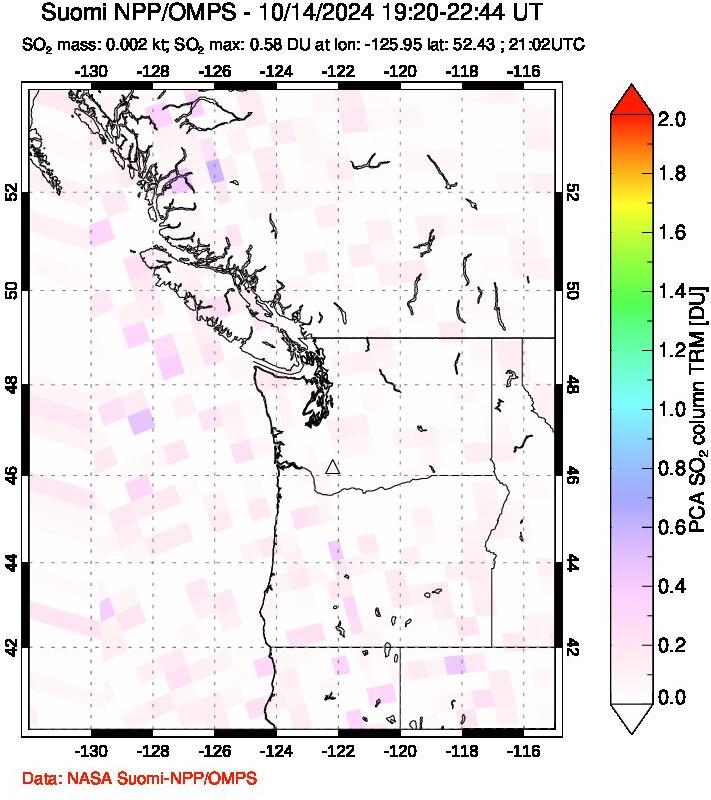 A sulfur dioxide image over Cascade Range, USA on Oct 14, 2024.