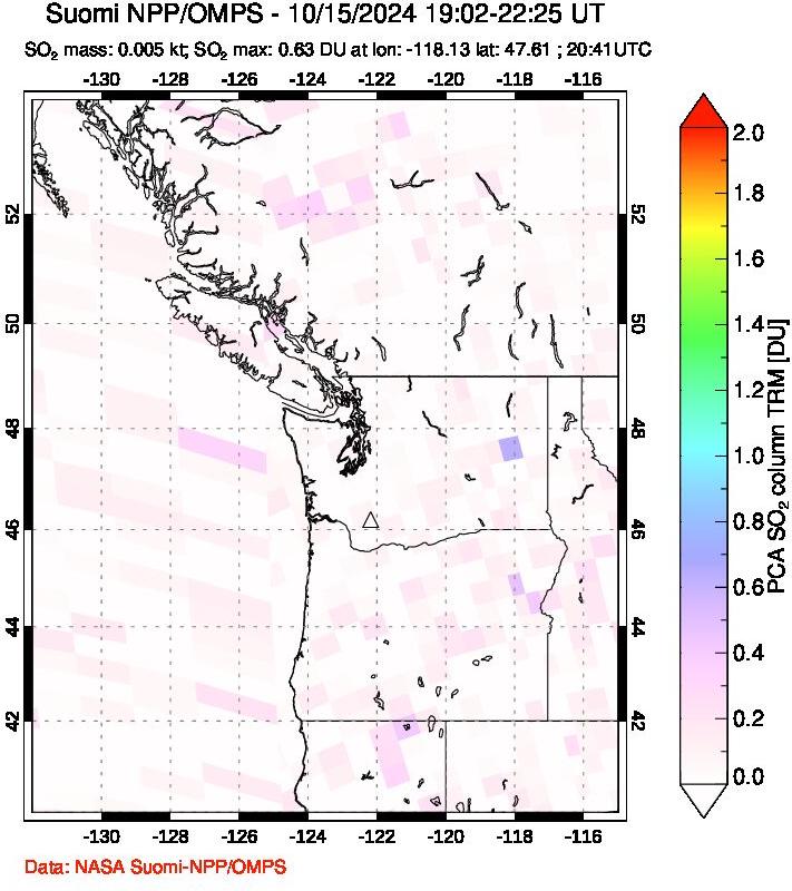 A sulfur dioxide image over Cascade Range, USA on Oct 15, 2024.