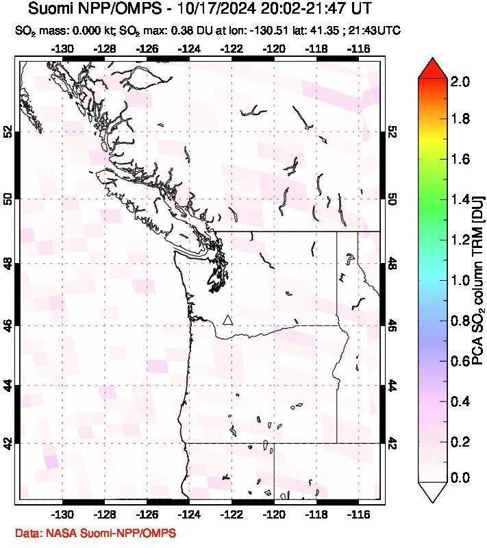 A sulfur dioxide image over Cascade Range, USA on Oct 17, 2024.