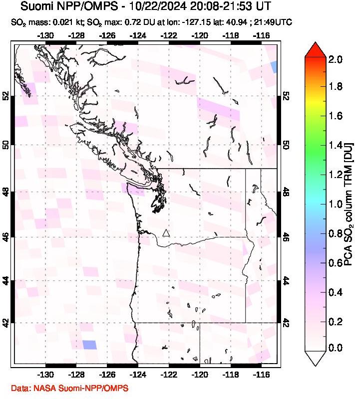 A sulfur dioxide image over Cascade Range, USA on Oct 22, 2024.