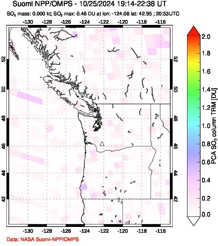 A sulfur dioxide image over Cascade Range, USA on Oct 25, 2024.