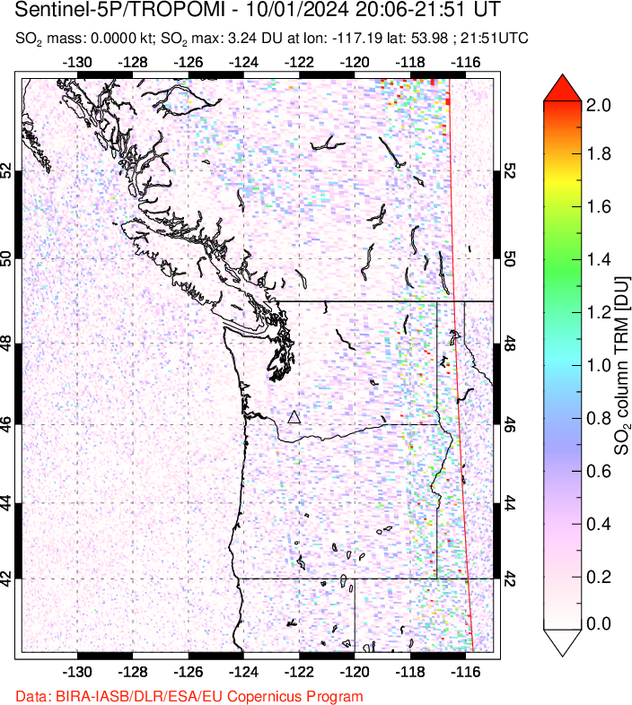 A sulfur dioxide image over Cascade Range, USA on Oct 01, 2024.