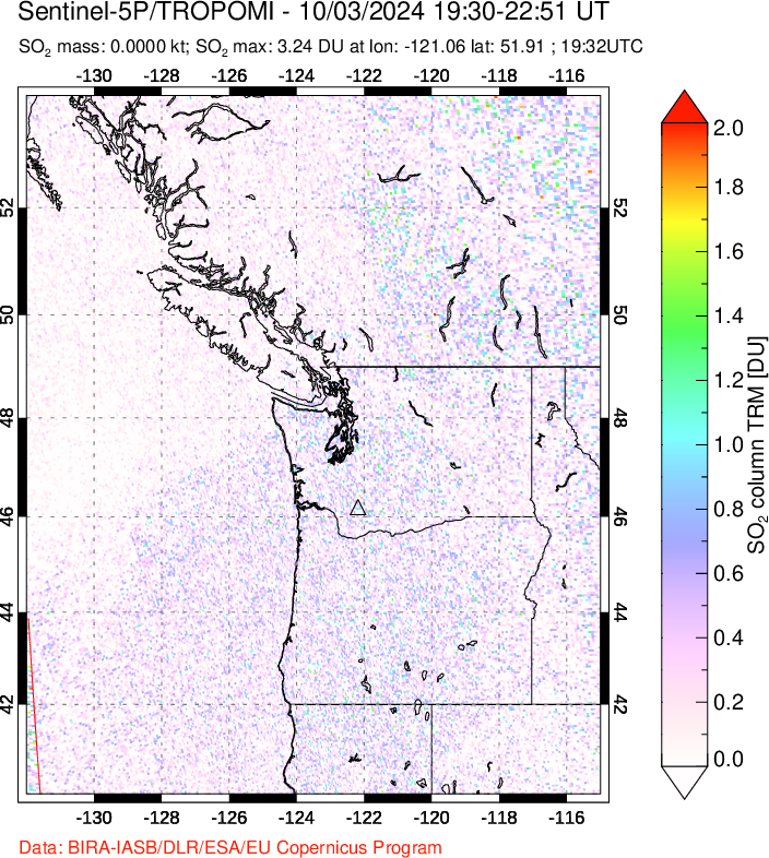 A sulfur dioxide image over Cascade Range, USA on Oct 03, 2024.