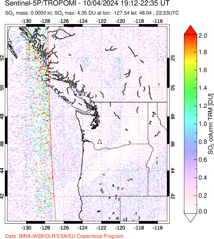 A sulfur dioxide image over Cascade Range, USA on Oct 04, 2024.