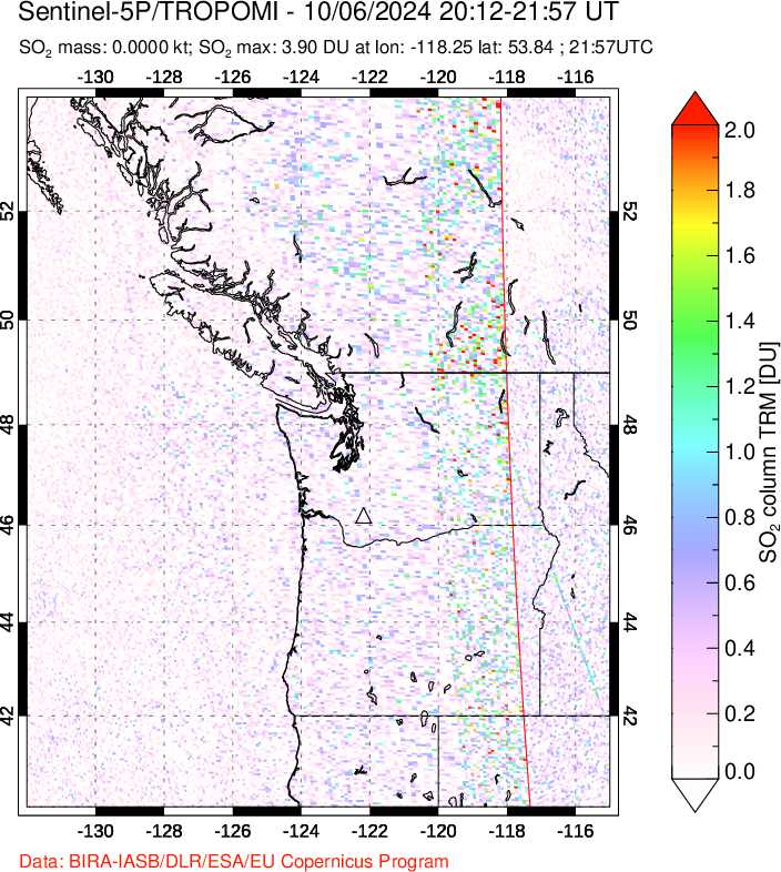 A sulfur dioxide image over Cascade Range, USA on Oct 06, 2024.