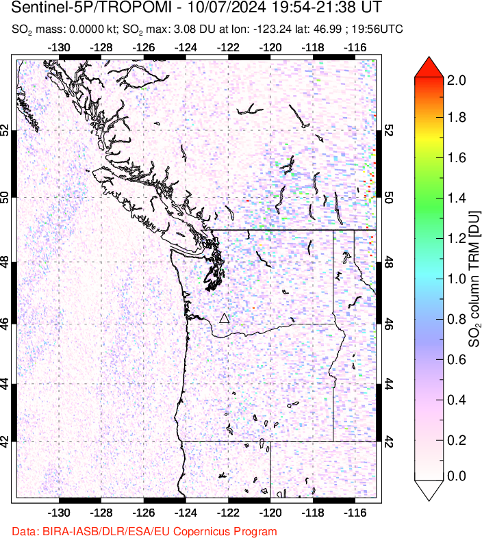 A sulfur dioxide image over Cascade Range, USA on Oct 07, 2024.