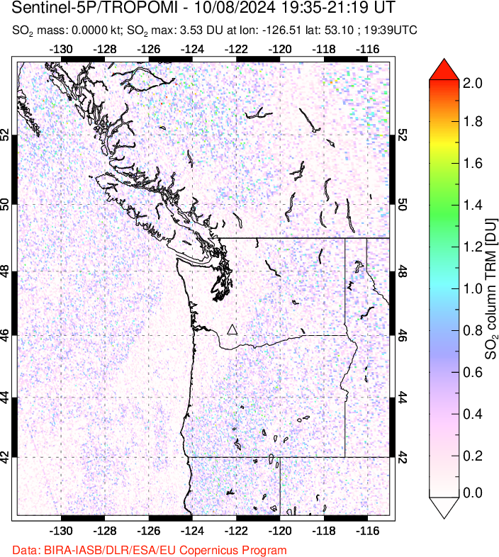 A sulfur dioxide image over Cascade Range, USA on Oct 08, 2024.