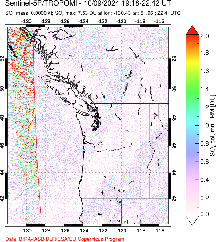 A sulfur dioxide image over Cascade Range, USA on Oct 09, 2024.