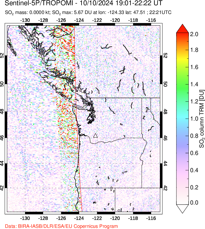 A sulfur dioxide image over Cascade Range, USA on Oct 10, 2024.