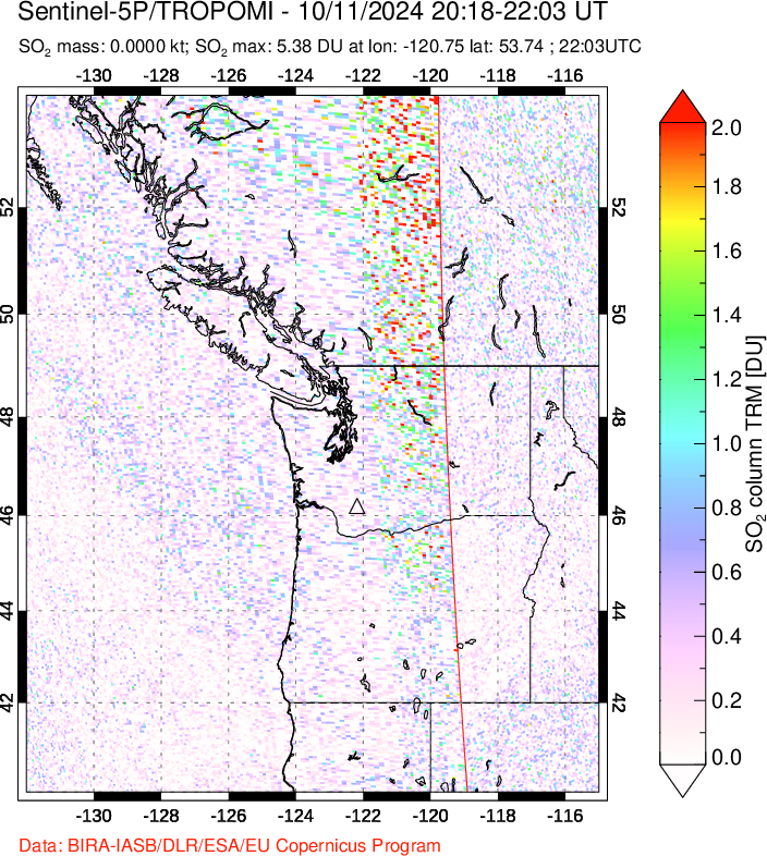 A sulfur dioxide image over Cascade Range, USA on Oct 11, 2024.