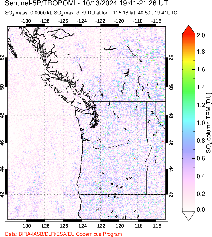 A sulfur dioxide image over Cascade Range, USA on Oct 13, 2024.