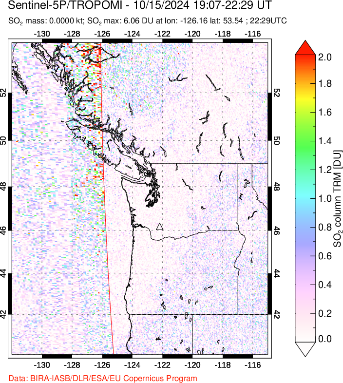 A sulfur dioxide image over Cascade Range, USA on Oct 15, 2024.