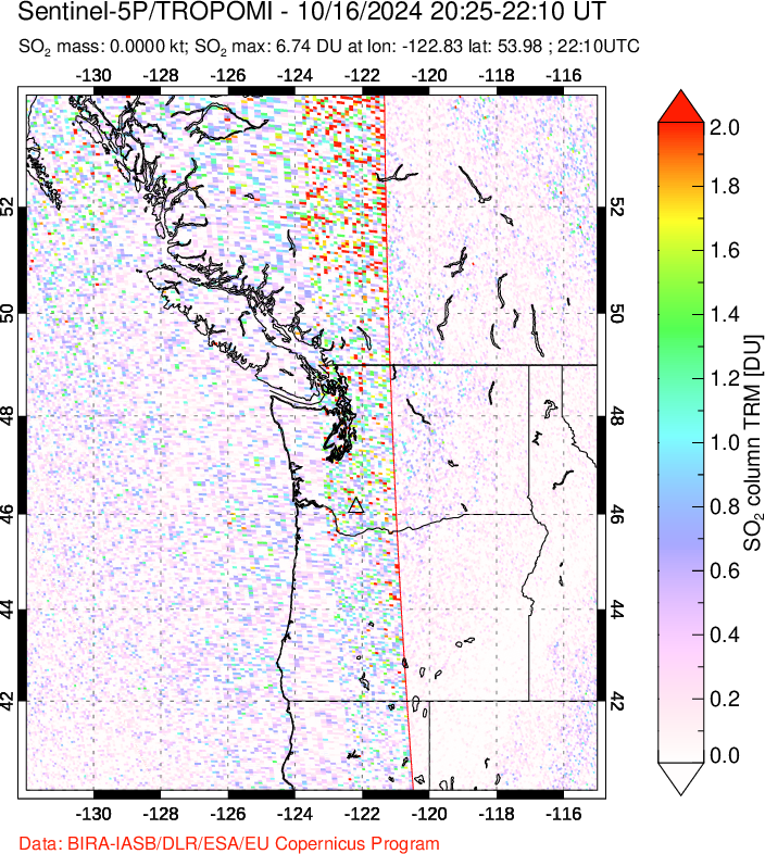 A sulfur dioxide image over Cascade Range, USA on Oct 16, 2024.