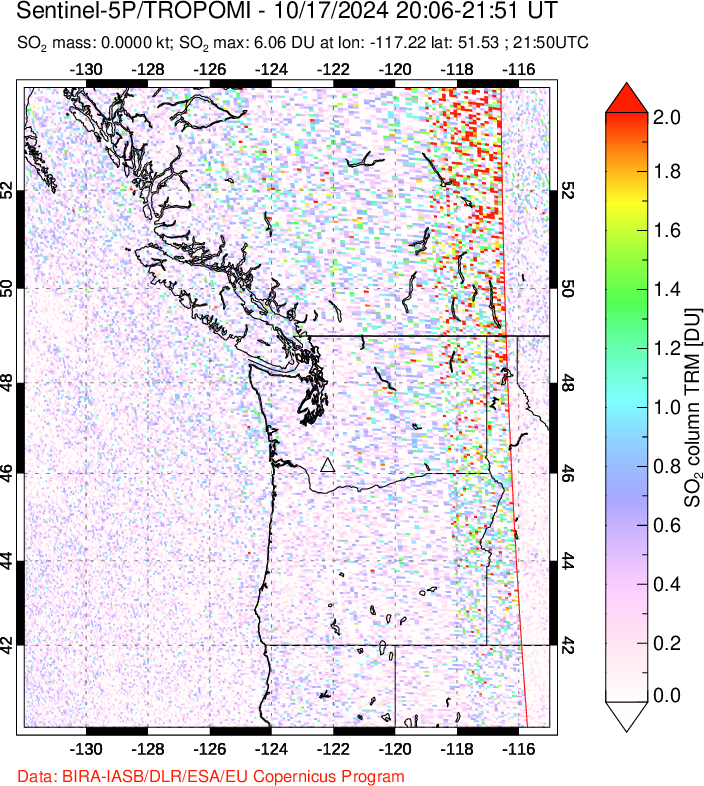 A sulfur dioxide image over Cascade Range, USA on Oct 17, 2024.