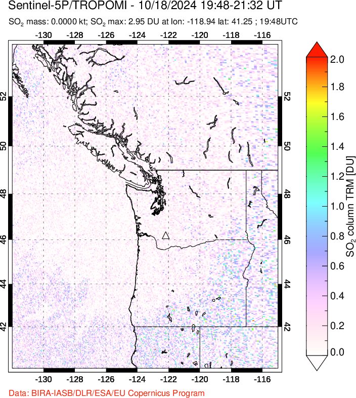 A sulfur dioxide image over Cascade Range, USA on Oct 18, 2024.