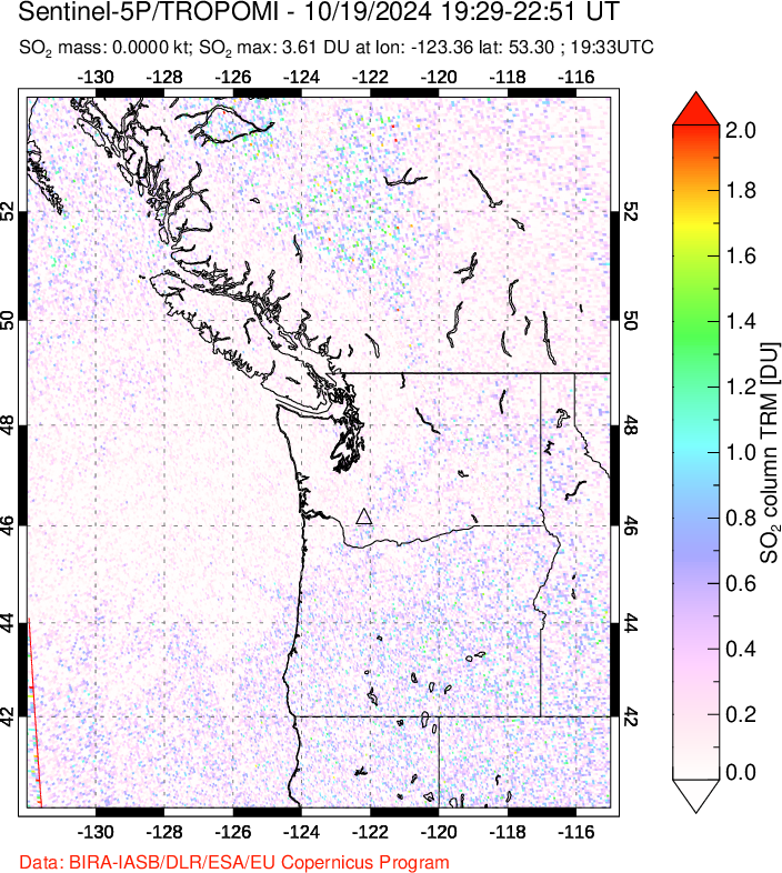 A sulfur dioxide image over Cascade Range, USA on Oct 19, 2024.