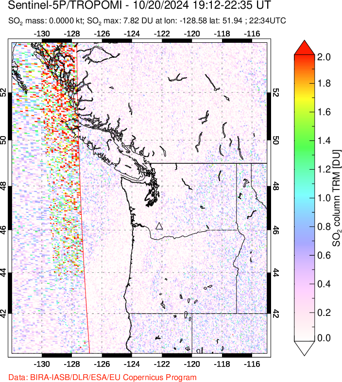 A sulfur dioxide image over Cascade Range, USA on Oct 20, 2024.