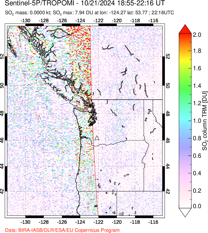 A sulfur dioxide image over Cascade Range, USA on Oct 21, 2024.