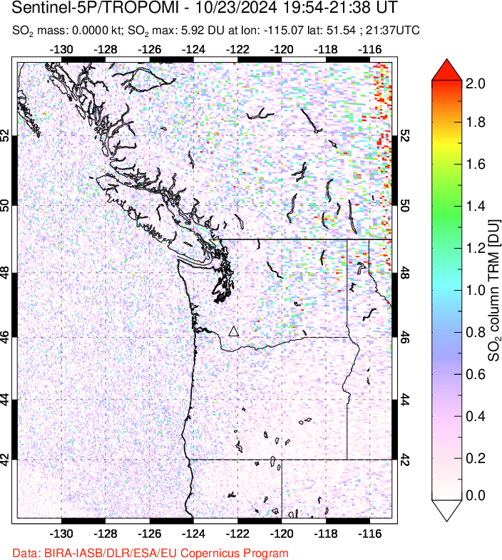 A sulfur dioxide image over Cascade Range, USA on Oct 23, 2024.