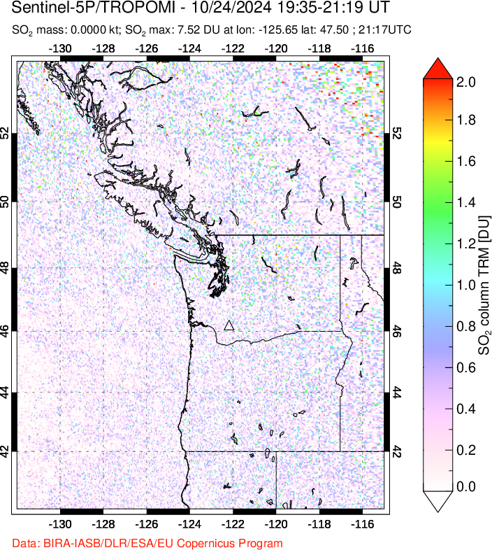 A sulfur dioxide image over Cascade Range, USA on Oct 24, 2024.