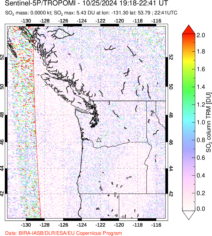 A sulfur dioxide image over Cascade Range, USA on Oct 25, 2024.