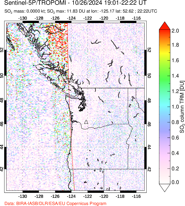 A sulfur dioxide image over Cascade Range, USA on Oct 26, 2024.