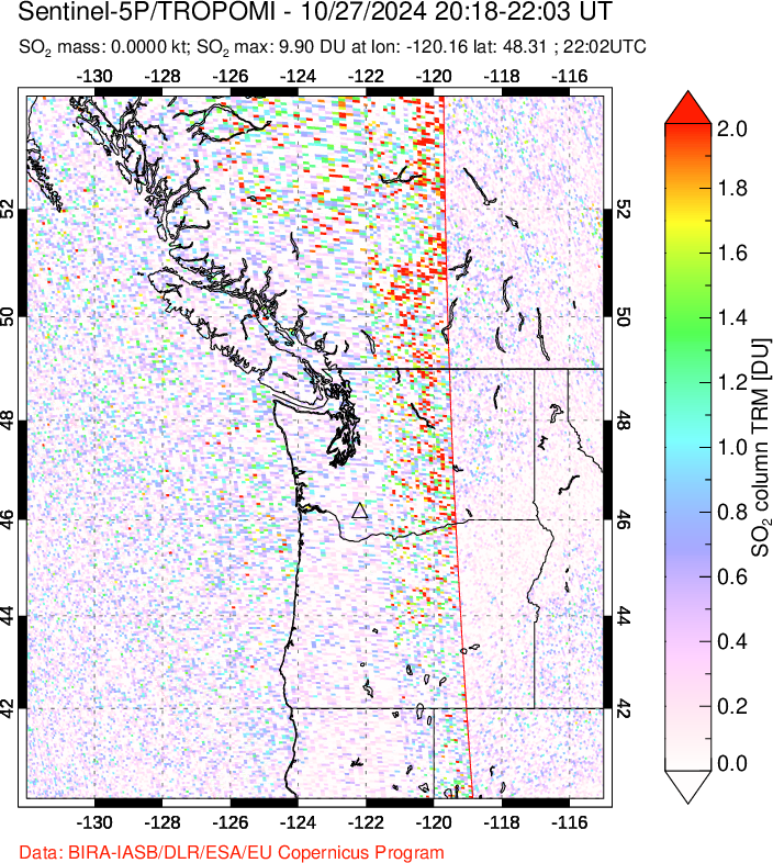 A sulfur dioxide image over Cascade Range, USA on Oct 27, 2024.