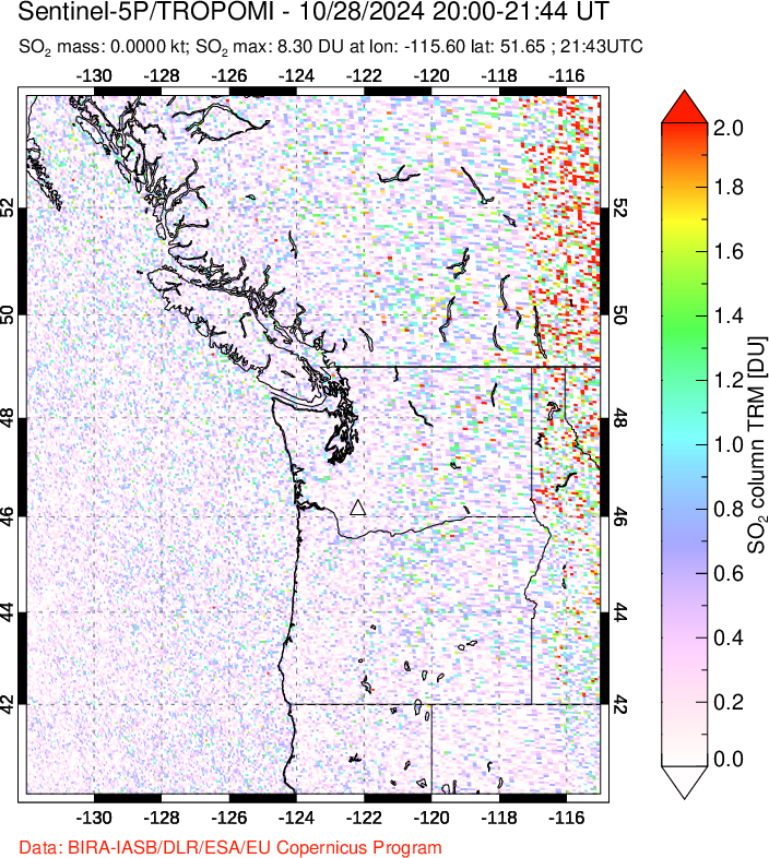 A sulfur dioxide image over Cascade Range, USA on Oct 28, 2024.